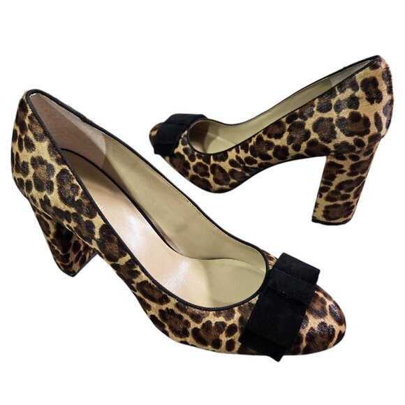 Ann Taylor Leopard Print Calf Hair Leather Round Toe Chunky Heel Pumps Bow - Picture 1 of 10